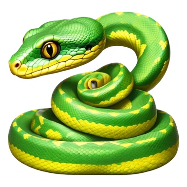 cinematic-green tree python-realistic-full-body-coiled-emoji,-thick-scaled-body-looped-tightly,-intricate-tellow and green-patterned-scales-reflecting-light,-head-tilted-dramatically,-cute-eyes-staring-calmly,-simplified-yet-realistic-focused-feature sticker