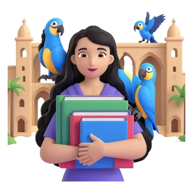 woman with long black hair and light brown skin, holding a stack of books in her arms, blue macaws flying around her, face as the focal point, with the arches of Atalaia Beach subtly in the background sticker