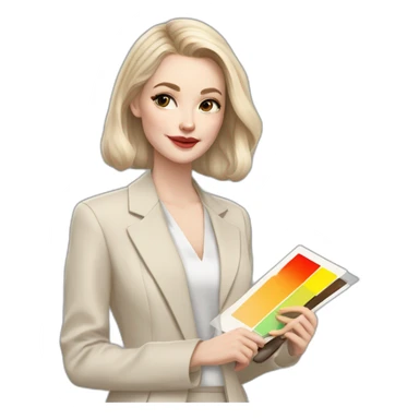 pale skin woman with ash blonde Straightened bob Hair, White Spacious classical jacket, beige palazzo Arrow pants and gray blouse holding a color palette in the hands sticker