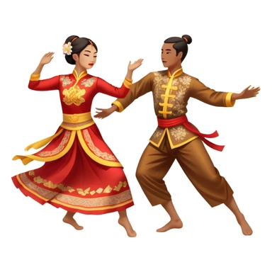 Cinematic Realistic scene of two performers executing a traditional Vietnamese folk dance, adorned in intricately patterned traditional costumes, captured in fluid motion with soft, culturally rich lighting sticker