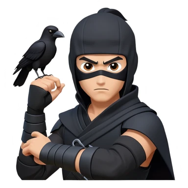 clash-of-clans-aesthetic_-cinematic-mysterious-male-ninja-portrait-emoji, rendered in a flat, vector-style with minimal shading and bold, simplified shapes, with a head slightly turned revealing intense, focused eyes. the ninja has his arm out and perched on top of his forarm is  a  giant black crow sticker