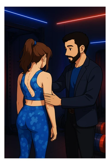 ispirati a questo stile di disegno e fai questa immagine in versione manga/webtoon a colori, il manga mostra la donna di spalle, mentre l'uomo le tocca la spina dorsale per spiegarle come funziona la scoliosi:
Con una scoliosi il baricentro corporeo cade maggiormente da un lato; per non cadere la schiena compensa accumulando tensione sul fianco opposto.
Il risultato? Si inclina e ruota sempre più, fino a che non cede (discopatie, artrosi, ecc) sticker