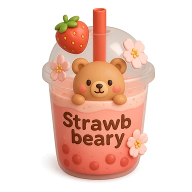 3D iOS style strawberry drink with a bear and cherry blossoms. Include the word "Strawbeary" on the cup. sticker