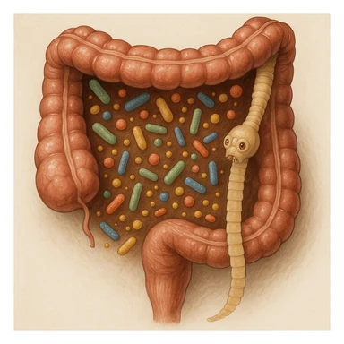 a medical illustration of a human realistic gut with bacteria and parasyte (tenia) realistic  sticker