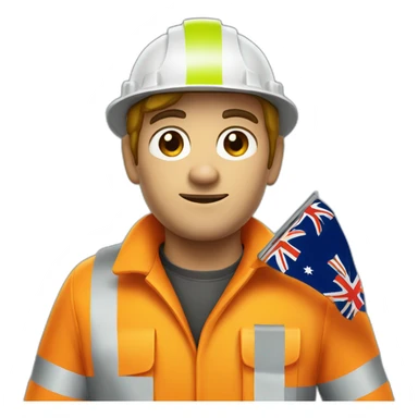 white miner wearing orange high vis and holding an Australian flag sticker