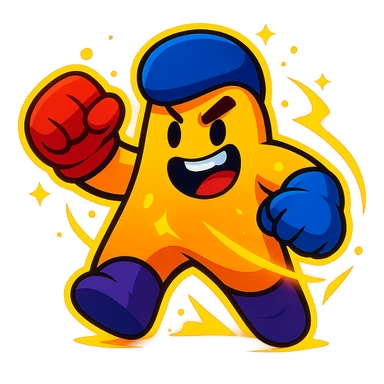 meeple character inspired by Brawl Stars, action stance, glowing effects, playful expression sticker