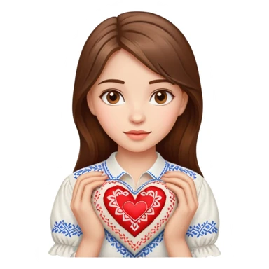 Beautiful young girl with brown hair in a white Ukrainian embroidered shirt holding a large embroidered heart sticker