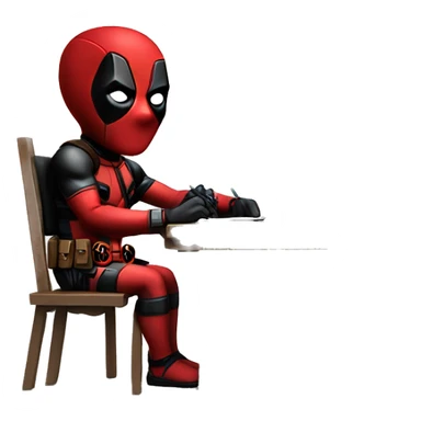 Cute Deadpool sitting at a desk, front view sticker