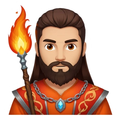 Vulcan, Fire God from Rome Mythology with long dark brown hair and beard, orange and red outfit, light tan skin sticker