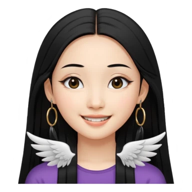 A Asian girl with fare skin and hoop earrings, long straight black hair with black eyes, smiling with a open wings eyeliner sticker