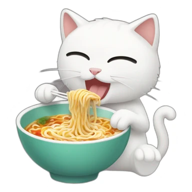 2d white Animated cat eating ramen sticker