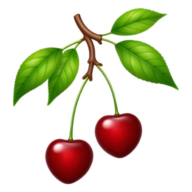 Two glossy red cherries hanging from a wooden branch with green leaves sticker