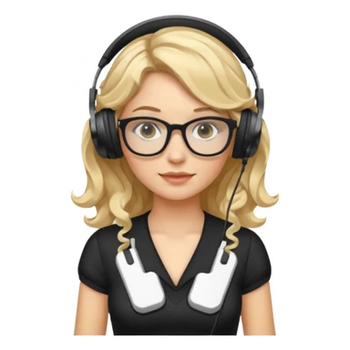 
gamer, woman with blond wavy hair, tight black dress with a white line with glasses, headphone, gamepad sticker