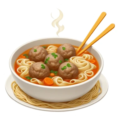 Cinematic Realistic Bakso Dish Emoji, showcasing savory meatball soup with noodles rendered with detailed textures and warm, inviting lighting. sticker