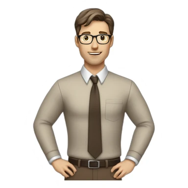 To belt Actively gesturing with hands Pale skinned fit man teacher with dark brown hair in gray jacket, beige office shirt, brown tie, brown pants and vintage glasses. sticker