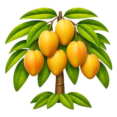 A 3D cartoon mango tree with golden-yellow mangoes visible among dense leaves, sunny atmosphere, Memoji-style rendering. sticker