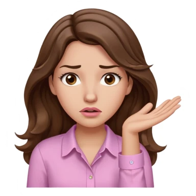 girl with wavy long brown hair, brown eyes, light to medium complexion, long lashes, light pink lipstick, wearing light pink shirt, shrugging with both hands, confused sticker