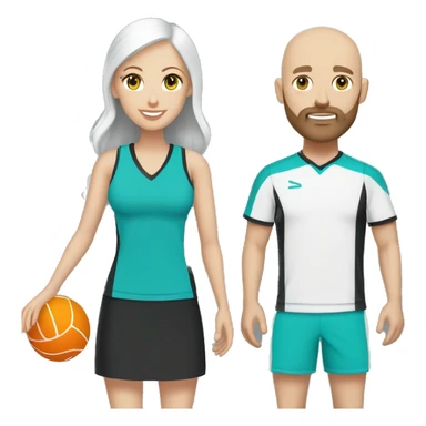 White couple in pickleball black and white clothes. Male bald= beard, white, bald, aqua eyes. Female = long light brown hair, aqua eyes.  sticker