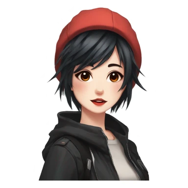 Gorgeous anime style tomboy-lady with blushing face aesthetic and pretty edgy black red punk hair with hair garment trending style sticker