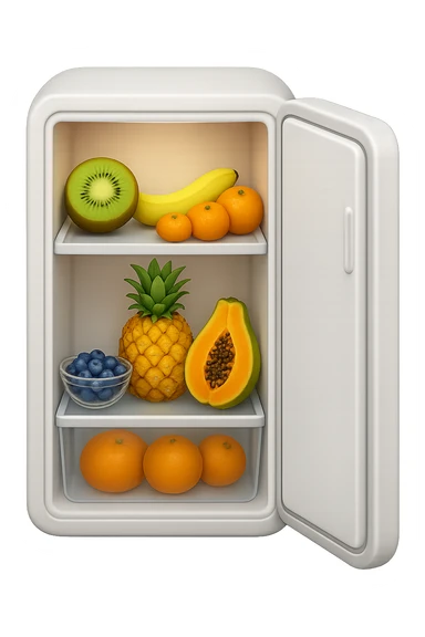 emoji stile iphone di un frigo aperto con dentro ben visibili questi alimenti: Kiwi
Banana acerba
Arance e mandarini
Mirtilli
Ananas
Papaya
IPERREALISTICO 4K sticker