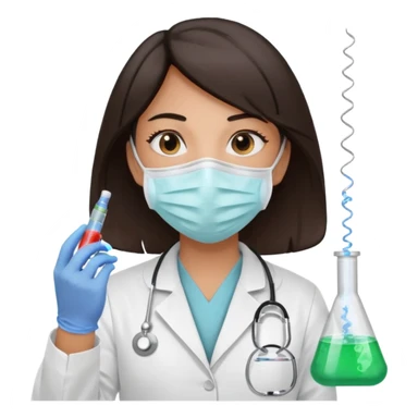 medica con guantes  y mascarilla e insumos laboratorio reactivo jerigan tubos  pelo negro largo triguella sin testoscopio sticker