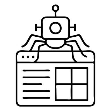 geometric robot with antennae crawling over a web page, outlined style, tech-inspired SEO robot crawler icon sticker
