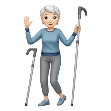 elderly woman with pants short grey hair dancing with crutches                     and with a sorry look sticker