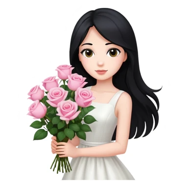 A beautiful girl with long black hair and a white dress is holding a bouquet of pink roses sticker