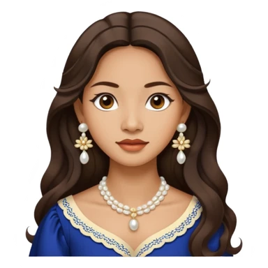 Tan Filipino woman with dark brown eyes and long dark wavy hair parted in the middle wearing a traditional filipiniana and white pearl stud earrings and no other jewelry sticker
