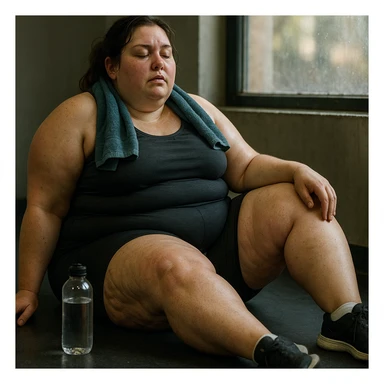 overweight woman relaxing after training, stubborn fat on legs and thighs, hyper realistic 4K style, skin details, reflective atmosphere sticker