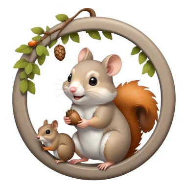 Icon for Rodents: A vibrant collage featuring a playful hamster in a wheel, a fluffy gray mouse with large ears, and a cheeky squirrel holding an acorn. Background with scattered seeds and tree branches. Transparent background. sticker