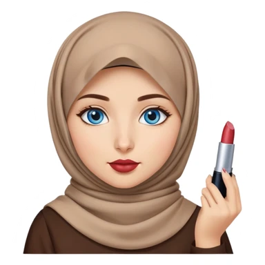 Turkish beautiful finish Konya girl blue eyes with brown beige hijab islamic dress and had on her hand lipstick sticker