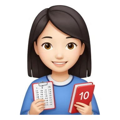 A Asian girl showing a math test with 100% on it sticker