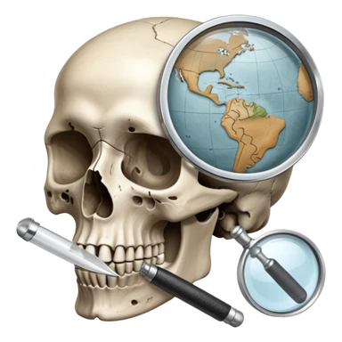 An icon featuring a human skull and fossils, representing anthropology. The design includes a magnifying glass and a map of ancient human migration paths, symbolizing the study of human evolution and cultures. Transparent background highlights the scientific exploration of humanity’s past. sticker