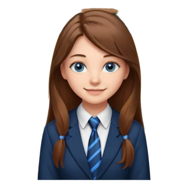 high school class room with a pretty female high school student with long brown hair, blue eyes, wearing a tie, sitting in front of the blackboard sticker