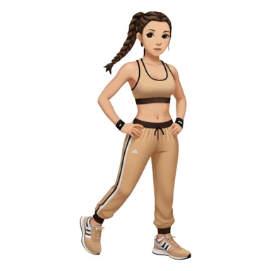 Melanie chisholm with two dark brown french braids, wearing a sports bra and track pants with sneakers sticker