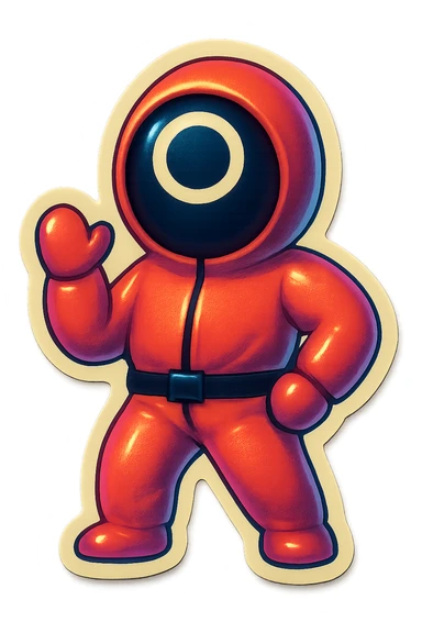 squid game guard with circle mask, sticker style, white border, playful sticker