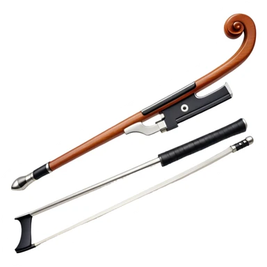 Create a detailed emoji representing a cello bow. The design should feature the elegant and slender shape of the bow, with visible intricate details like the fine wood texture, the metal ferrule, and the soft horsehair stretched tightly across it. Include subtle accents like the leather grip near the frog and delicate wooden finish. The bow should have a classic, polished look, with a touch of sophistication. Use warm wooden tones, silver, and black to highlight the craftsmanship of a professional cello bow. The background should be transparent. sticker