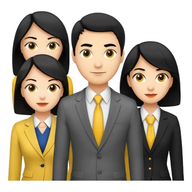 4 people, two man and two women,yellow skin office style,black hair, Half-body photo sticker