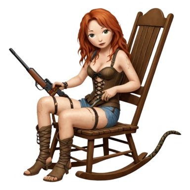cinematic ultra HD Tori Amos casually crouches on a rocking chair in a torn corset, holding ashotgun and with muddy feet. a bronze snake wrapped itself around the chair sticker