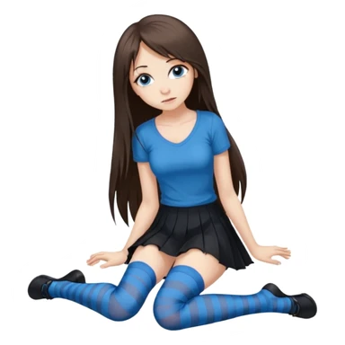 brunette buxom super long hair blue eyes full body Front view emo girl sits on the floor black skirt torn striped stockings sticker