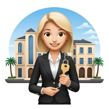 woman in an elegant suit, holding house keys, smiling, with a modern Dubai-style townhouse in the background sticker