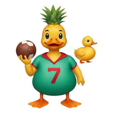 Green pineapple wearing a pool suit, a duck float, and a red football shirt with the number 7 sticker