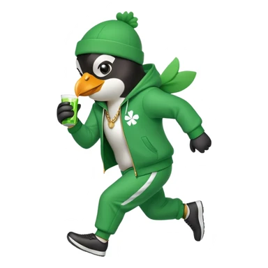 full body friendly anthropomorphised penguin wearing green mafia-style tracksuit, angry, running aggressively, shamrock accessory, no drink sticker