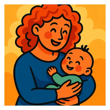 woman with curly red hair holding a baby, warm friendly style sticker