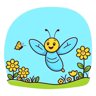 Happy blue butterfly with a big smile flying in a spring meadow with blooming flowers sticker
