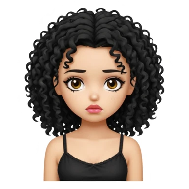 generate a pretty fair bratz girl with black messy curly hair looking sad . Wearing a black cami sticker