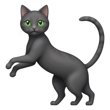 full body gorgeous solid dark grey cat with green eyes, white paws and white whiskers stretching like a cat sticker