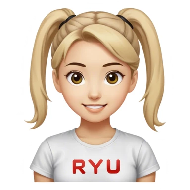 Beautiful girl happy smilling with big eyes, ponytail and "ryu" written on tshirt sticker