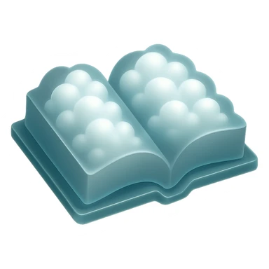 thick open book with pages made of small very bright white fluffy convex clouds, matte glass style sticker